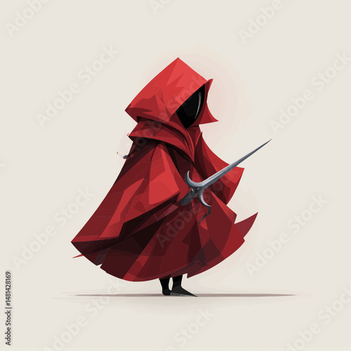 Red Cloaked Figure with Dagger: A mysterious figure cloaked in crimson, wielding a silver dagger, stands in a stark, minimalist setting, radiating a sense of enigma and hidden purpose.  