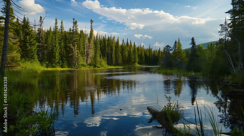 Fototapeta premium Lush Green Lakeside Landscape with Reflective Water and Clouded Blue Sky