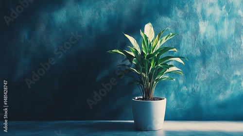 Wideangle shot of a single potted plant in a modern interior against a textured dark blue wall soft lighting highlights the simplicity and elegance of the scene
