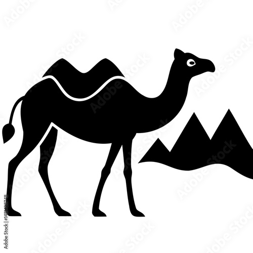 Silhouette of a camel walking in desert, vector on transparent background