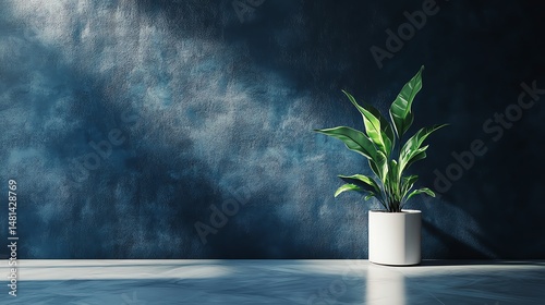 Wideangle shot of a single potted plant in a modern interior against a textured dark blue wall soft lighting highlights the simplicity and elegance of the scene