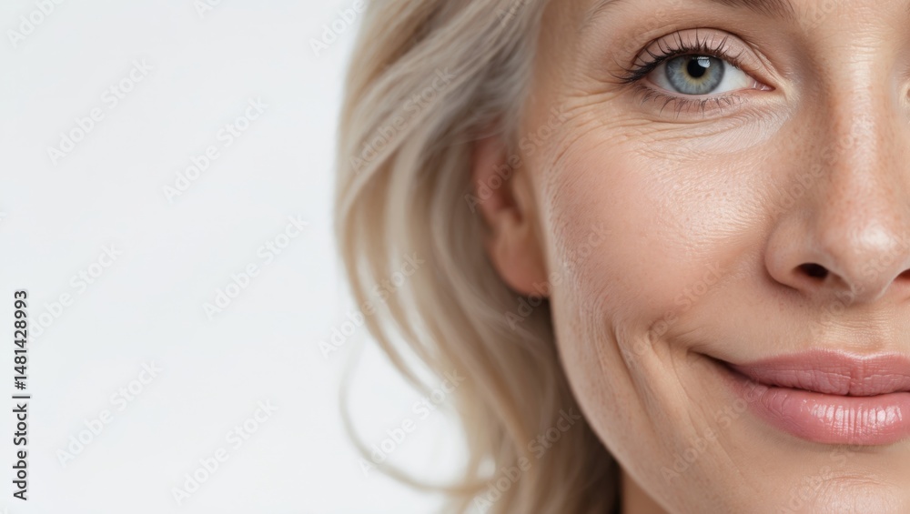 Fototapeta premium Happy middle age old woman looking at camera isolated on white background advertising dry skin care treatment anti age skincare beauty, plastic surgery, cosmetology procedures. Close up half face view