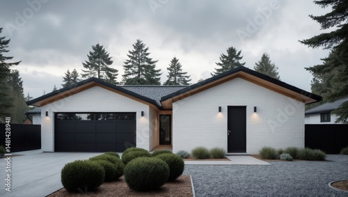 Charming scandinavian house in a picturesque suburban neighborhood featuring a modern design with welcoming and beautifully maintained landscaping for a cozy feel