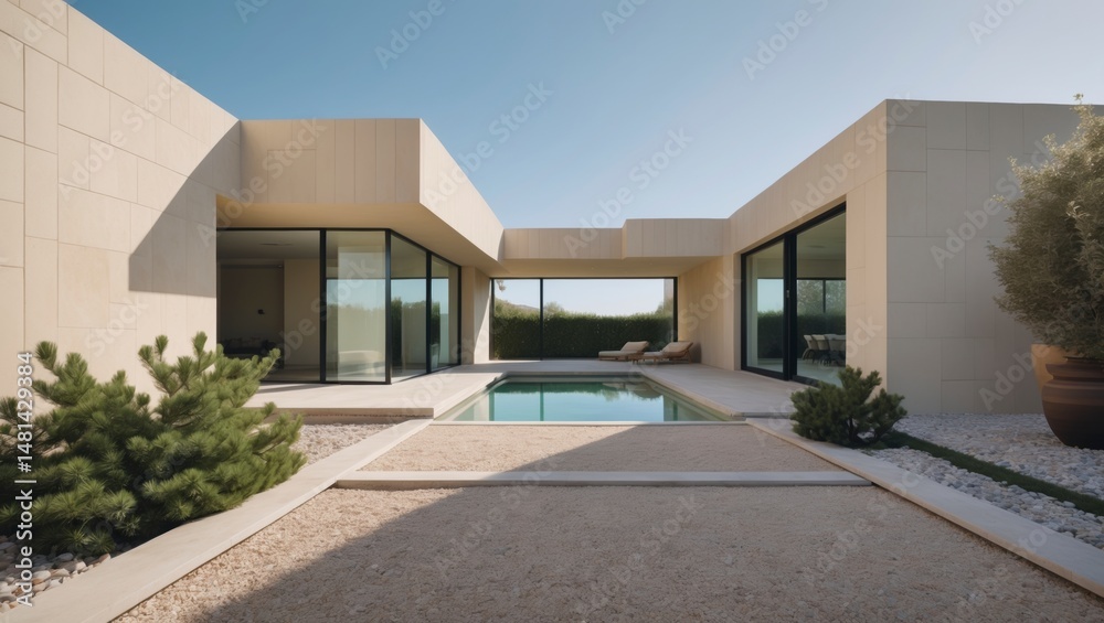 Fototapeta premium Stylish soft beige modern house with geometric features and spacious layout surrounded by lush greenery and offering a comfortable living environment for families in suburban neighborhood