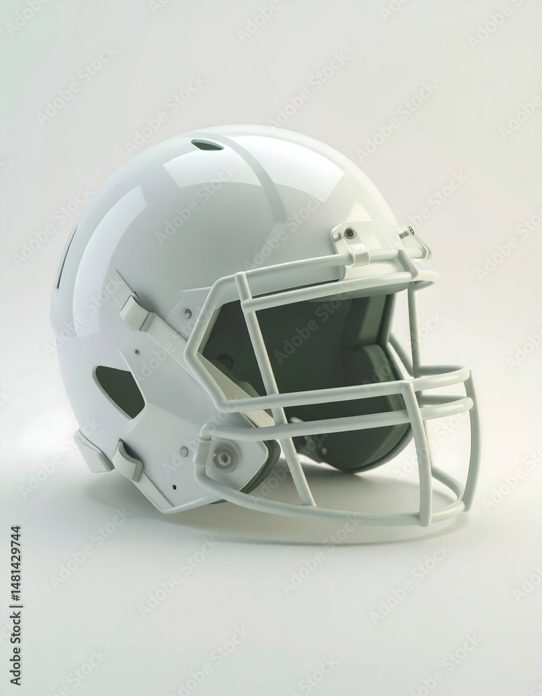 Fototapeta premium American Football Helmet Generic White Design Protective Headgear with Face Mask on White Background Glossy and Modern