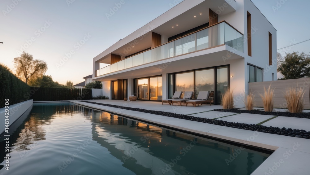 Fototapeta premium Beautiful three-story modern suburban residence featuring contemporary architectural design, expansive , and a welcoming porch with lush landscaping under clear bright blue skies