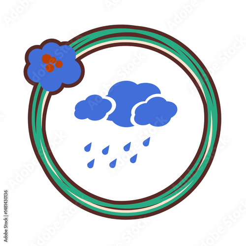 Rain clouds and raindrops in a decorative circular frame with floral accent on a transparent background.