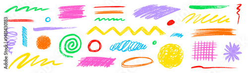 Crayon pencil scribble chalk texture brush stroke element set. Hand drawn crayon pencil brush stroke texture line color shape. Children chalk scratch hand drawn style. Vector illustration