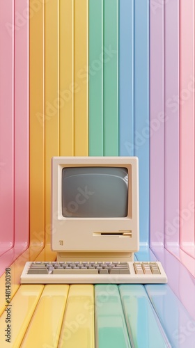 Retro computer with rainbow background