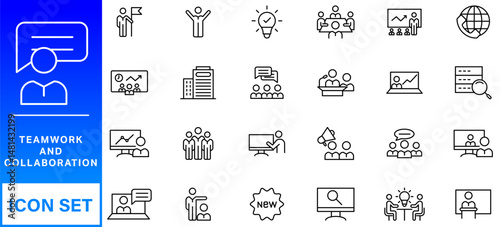 Teamwork line icons set. Businessman outline icons collection. Work group and human resources. Business teamwork, human resources, meeting, partnership, meeting, work group, success