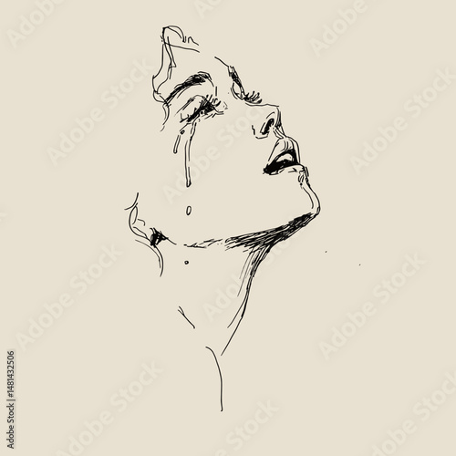 vector sketch woman crying tears flowing white background .Generative AI