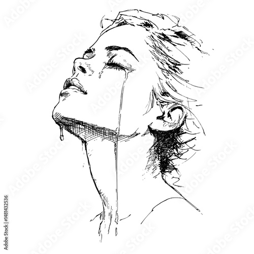 vector sketch woman crying tears flowing white background .Generative AI