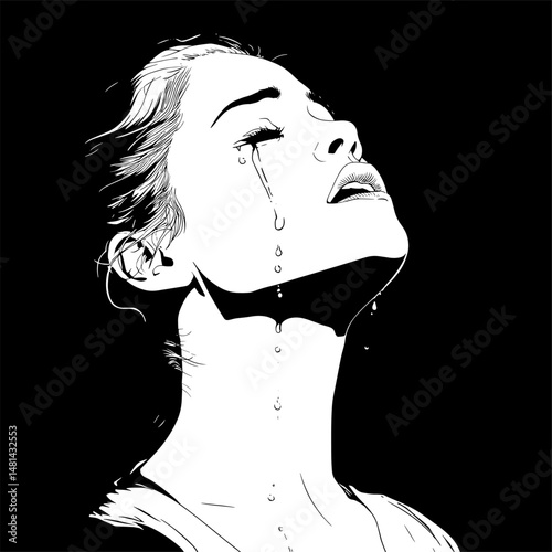 vector sketch woman crying tears flowing white background .Generative AI