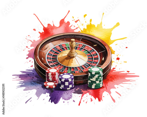 Vibrant Watercolor Casino Roulette Wheel and Poker Chips
