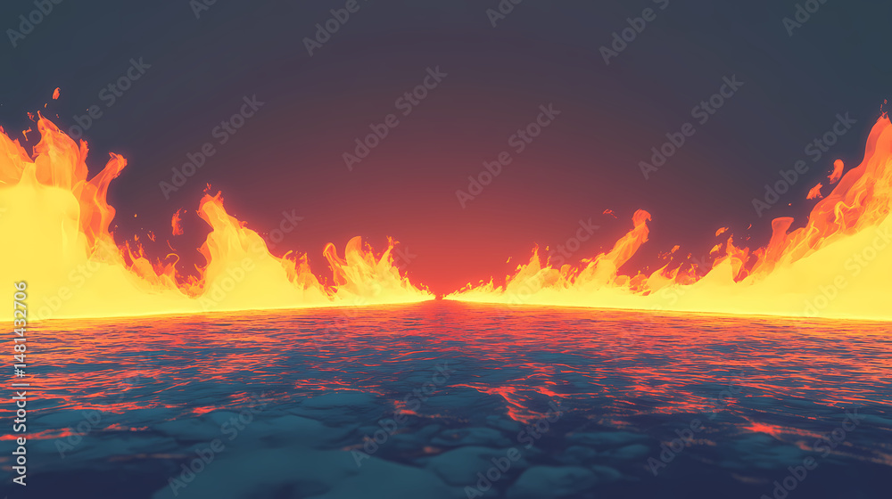 Obraz premium Burning horizon: a fiery line of intense orange flames dances across a murky backdrop, embodying concepts like energy and apocalypse. [Cryptosea Trench] | Silt Ember | murky flame. Illustration
