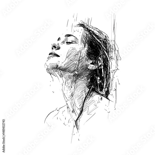 vector sketch woman standing under shower on white background .Generative AI