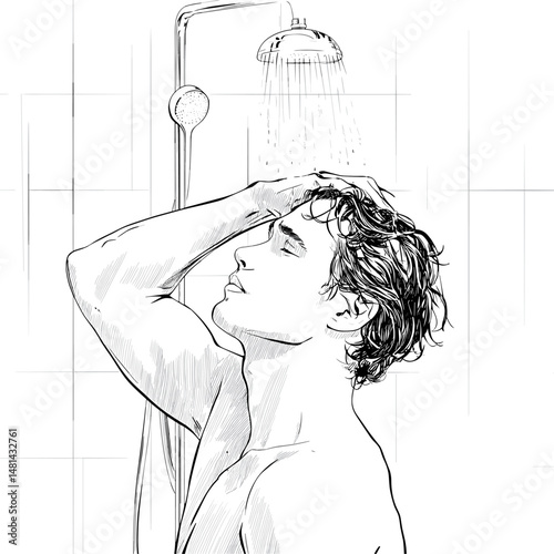 vector sketch man standing under shower on white background .Generative AI
