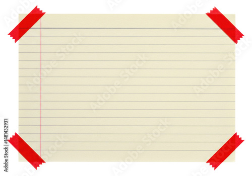 Blank lined notebook page with red tape corners isolated on black background for education or office design