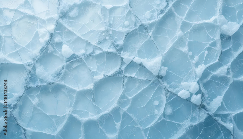 Fototapeta premium Light Blue and White Cracked Ice Texture Background: Detailed Close-Up of Frozen Surface with Intricate Fissures and Fractures, High-Resolution Image Revealing Translucent Quality and Crystalline Stru