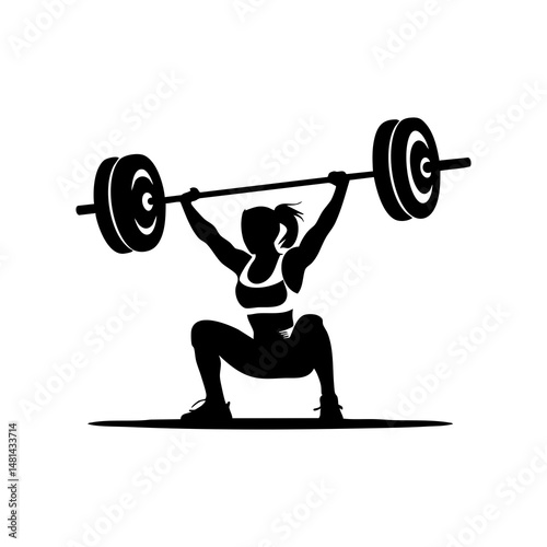 Female weightlifter doing a barbell overhead squat exercise for strength and fitness training workout design silhouette