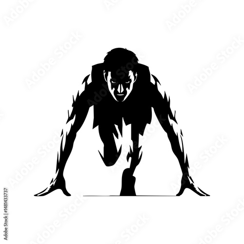 Silhouette of runner in starting position for sprint race athletic competition black and white illustration art