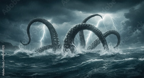 Mythical sea creature in stormy waters
