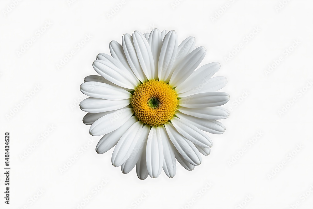 Obraz premium A single white daisy flower shows its vibrant yellow center on pure white