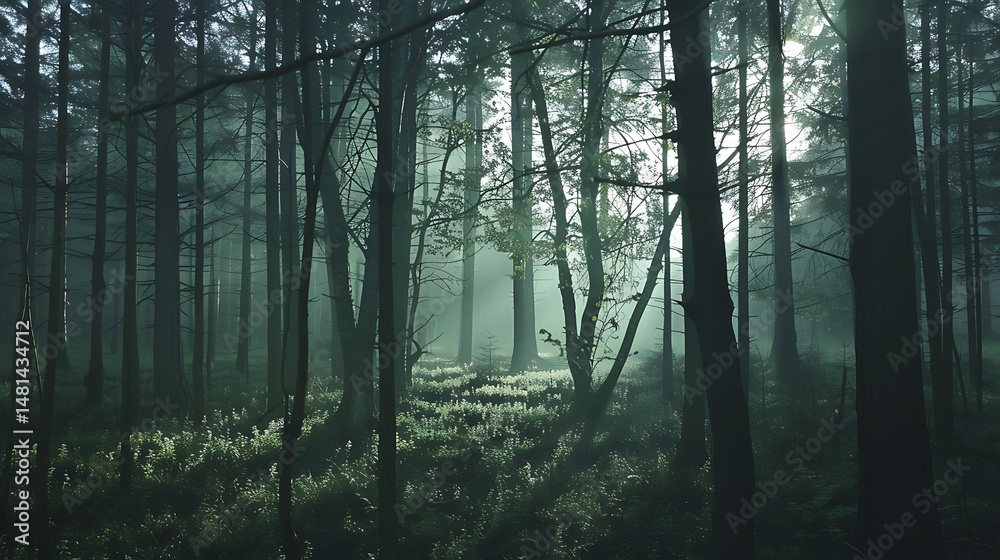 Naklejka premium Mystical Forest Scene With Sunlight Filtering Through Trees And Fog