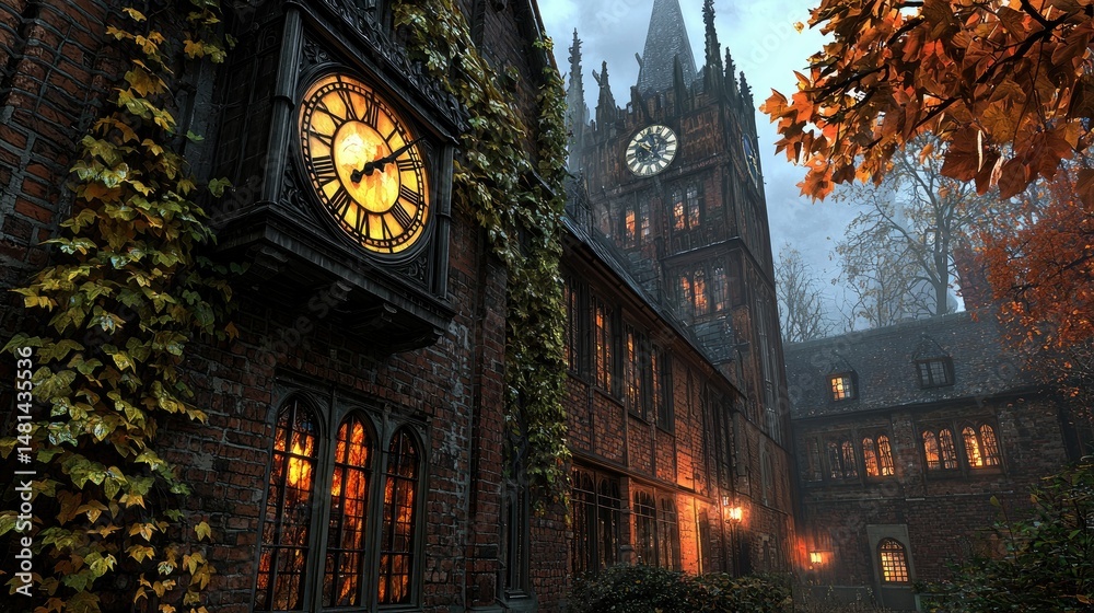 Fototapeta premium Autumnal Enchantment: A Gothic Clock Tower and Courtyard bathed in the Warm Glow of twilight