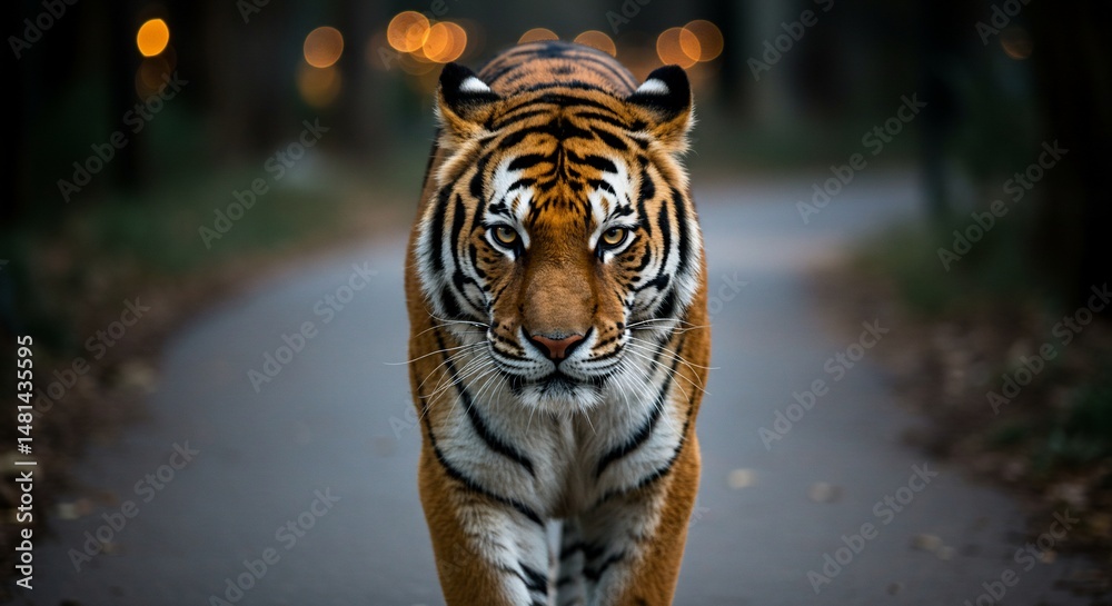 Fototapeta premium Tiger strides ahead on a pathway