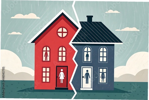 A stylized red house stands next to a blue one divided by a jagged line