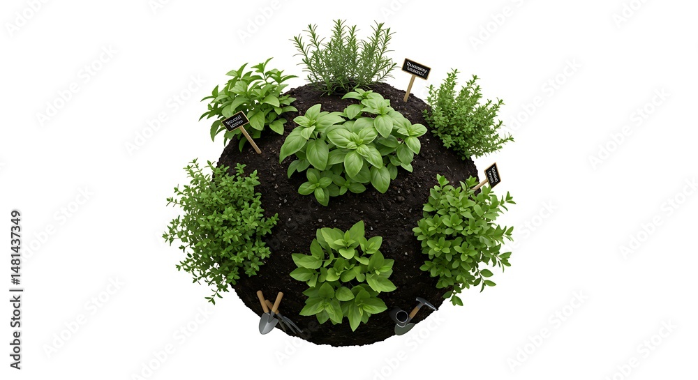 Obraz premium Herb Garden Growing with Gardening Tools on Soil Globe