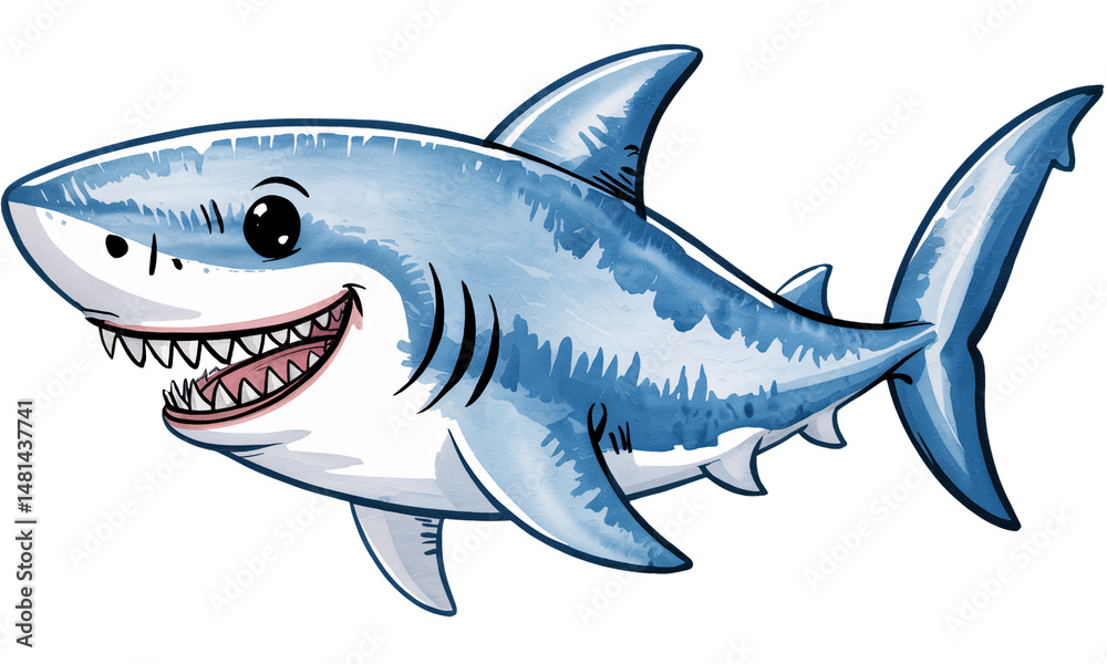 Fototapeta premium Playful Cartoon Shark with Happy Grin in Watercolor