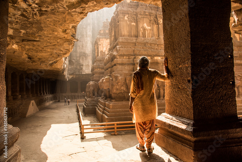 Εκτύπωση καμβά Hindu Sadhu the holy men visiting the Kailasa Temple, Ellora caves, UNESCO world heritage side