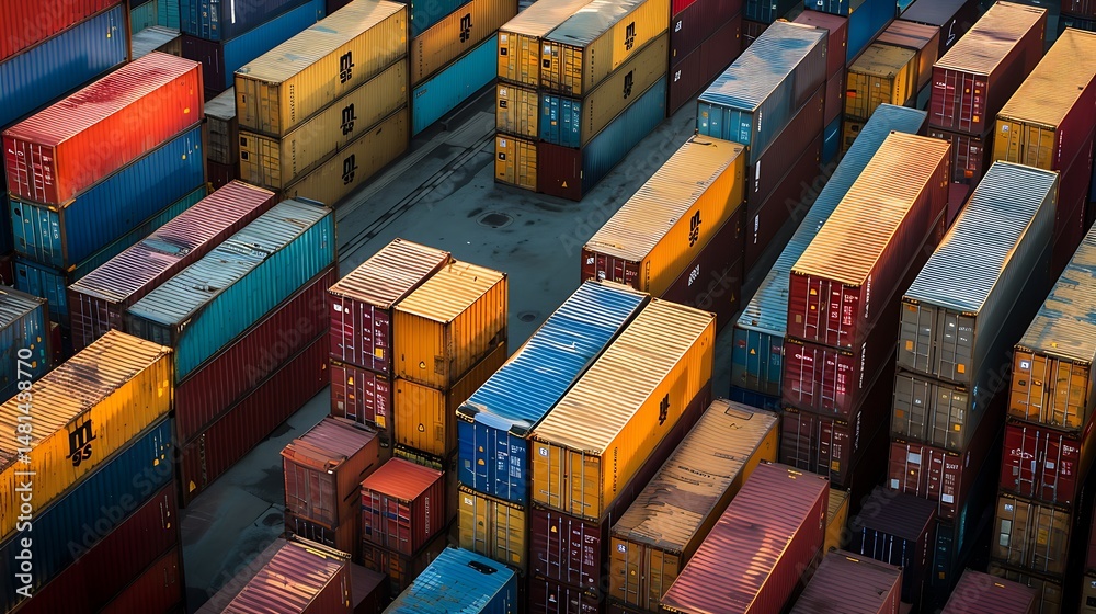 Fototapeta premium Overhead View Of Colorful Shipping Containers In A Commercial Port Facility