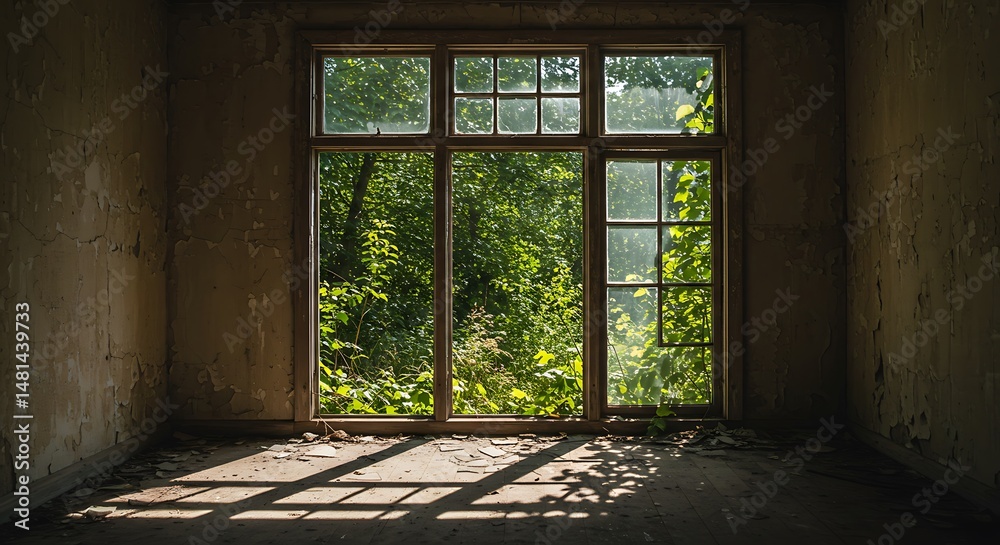Naklejka premium Old wooden window, view from inside an old abandoned house