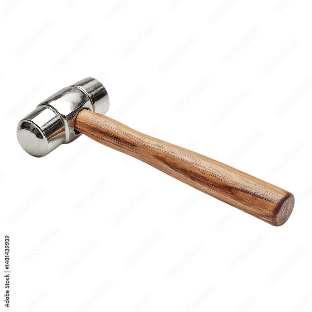 A close up studio shot of a metal and wood mallet on a white or transparent background with soft lighting and shadows A close up studio shot of a metal and wood mallet on a white or transparent background with soft lighting and shadows