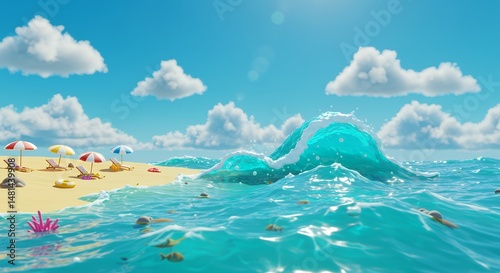 Beach scene with wave, umbrellas, and cloudy sky