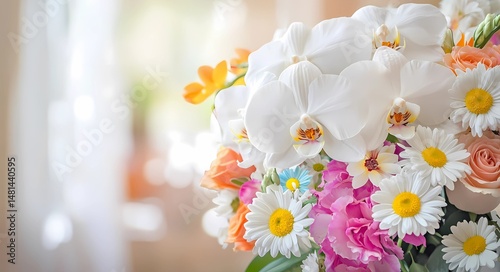 A luxurious bouquet of white orchids, bright daisies, and pastel roses, arranged against a soft, blurred indoor background.