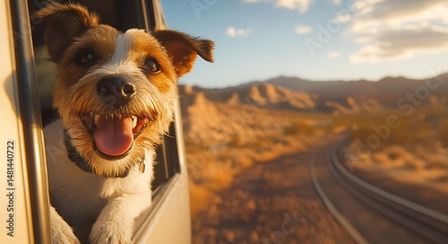 A joyful Jack Russell Terrier enjoying a road trip at sunset, with its head out of the car window, excited for the journey. photo