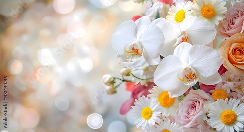 A stunning floral bouquet with white orchids, bright daisies, and pastel roses, placed against a softly blurred indoor background.