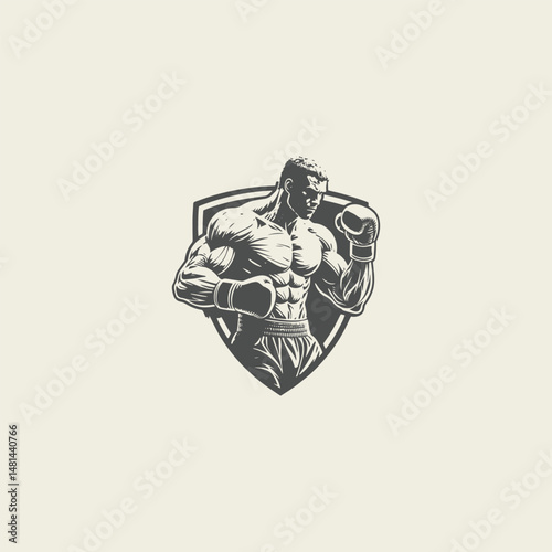 Muscular fighter logo with engraving style template design