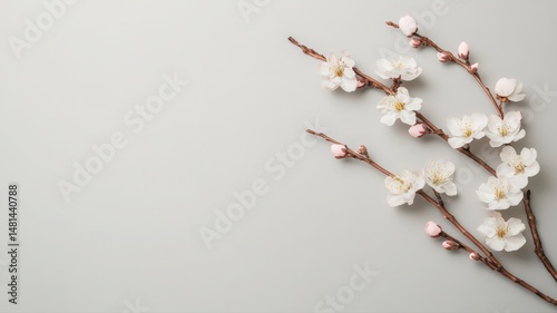 Fototapeta Naklejka Na Ścianę i Meble -  Delicate Pink and White Cherry Blossoms on Grey Background