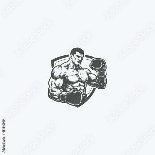 Muscular fighter logo with engraving style template design