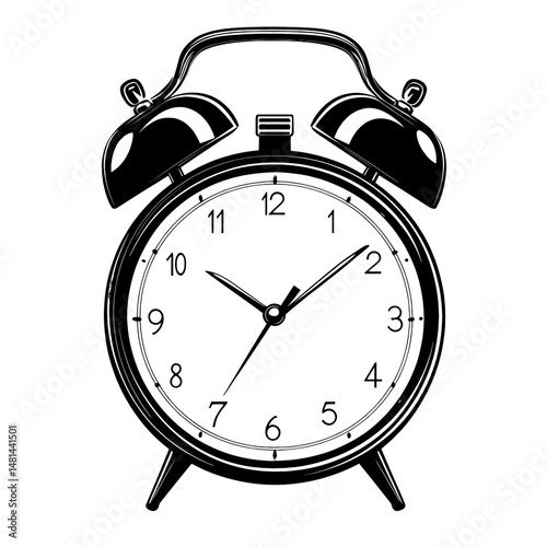 Simple alarm clock linear illustration black white vector