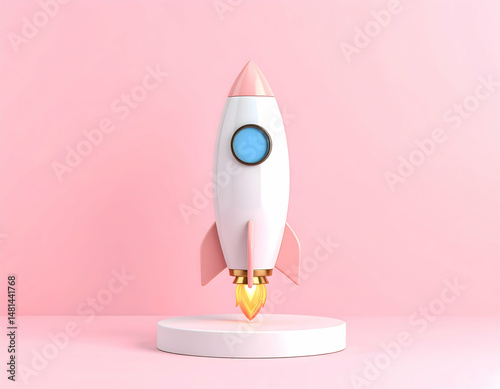 Cartoon Rocket on White Stand Against Pink Background Symbolizing Space Exploration and Future Advancements in a Modern Minimalist Style