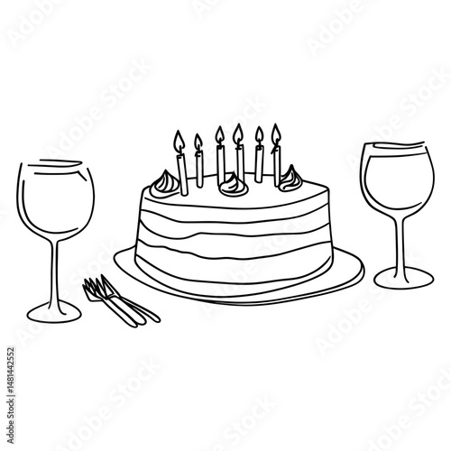 Birthday cake with candles art drawing wine vector