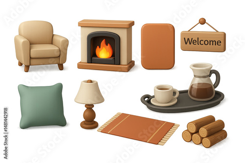 Cozy home 3d icons set – warm, welcoming decor and interior design elements