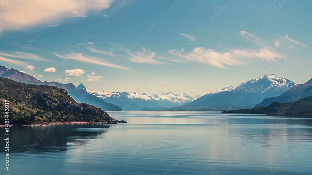 Obraz premium Picturesque Mountain Lake Scene Under Blue Sky With Clouds and Peaceful Vibe