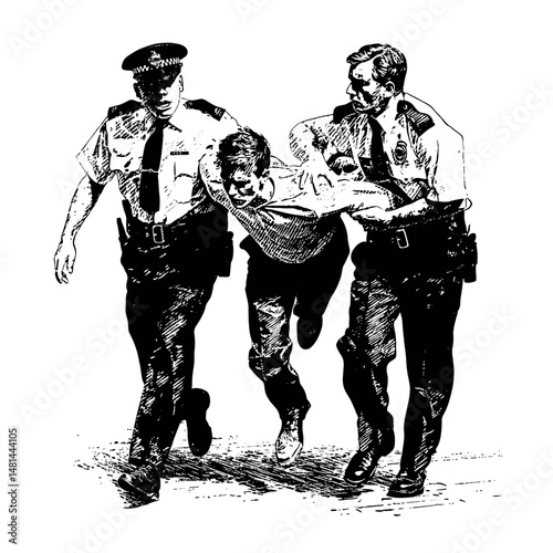 vector sketch two police officers detain a criminal on a white background .Generative AI